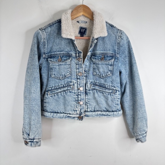 Gap Kids Sherpa Lined Icon Denim Jacket 14-16 Trucker Jacket Heavy Classic Warm - Picture 2 of 12
